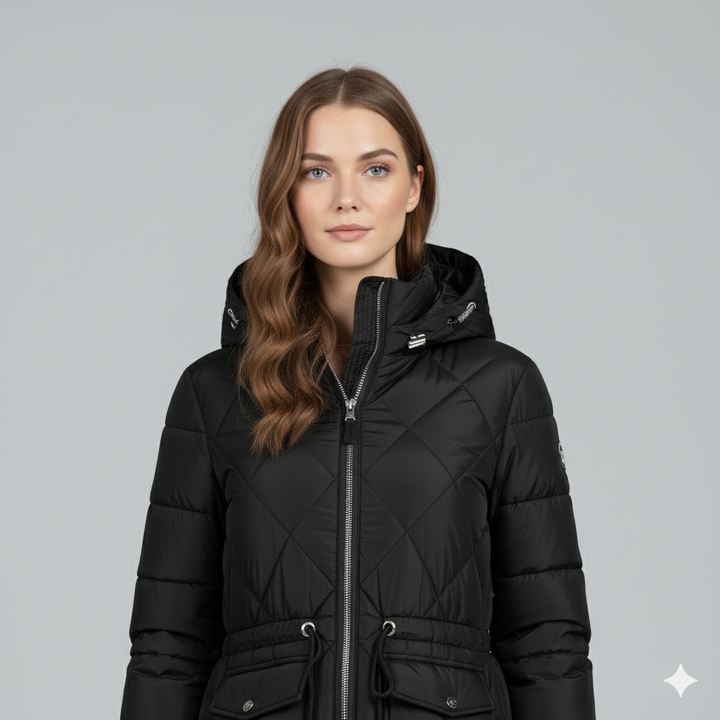 Womens Quilted Padded Jacket with Hood Knee-Length Fit