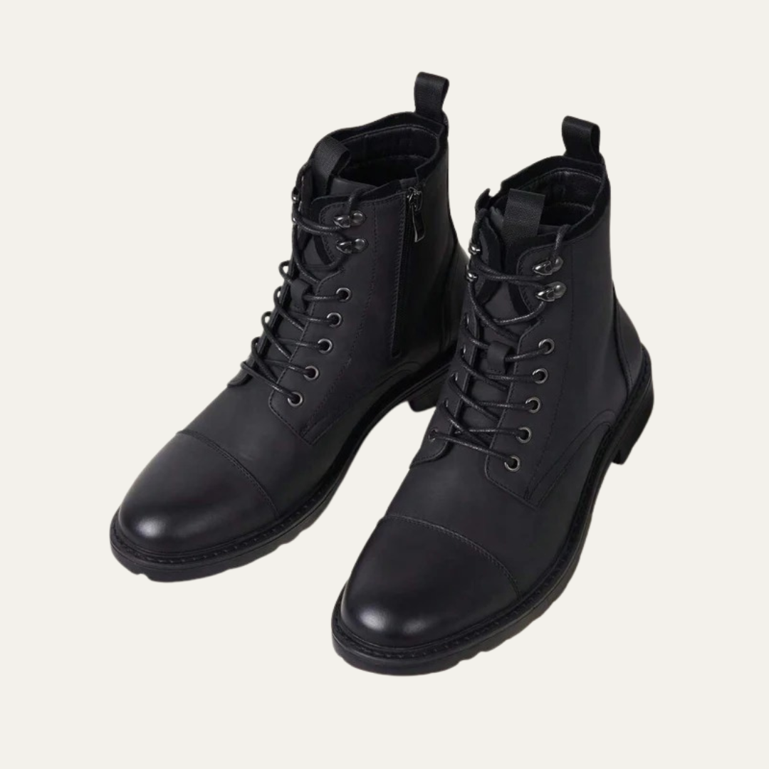 Mens Ankle Boots Leather Cap Toe Lace-Up Combat Style