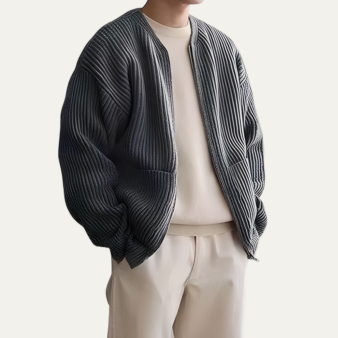 Mens Bomber Jacket Pleated Texture Oversized Fit Zip Front