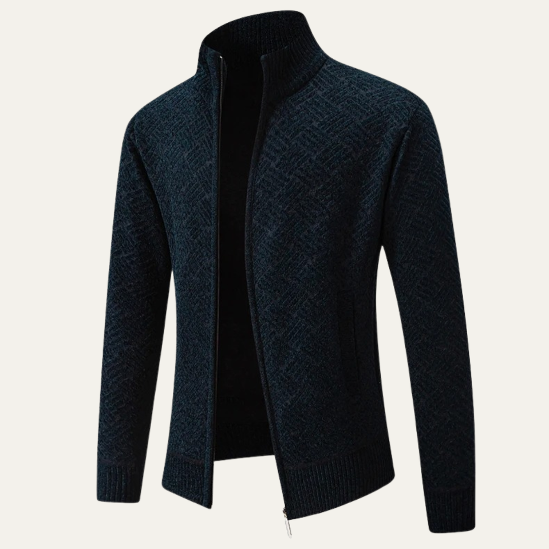 Mens Knit Jacket Diamond Pattern Stand Collar Elegant Fit