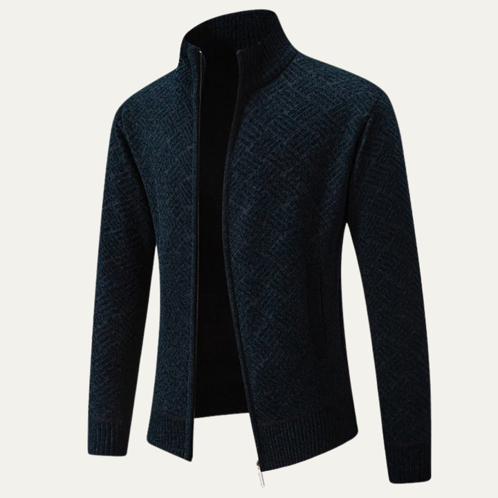 Mens Knit Jacket Diamond Pattern Stand Collar Elegant Fit