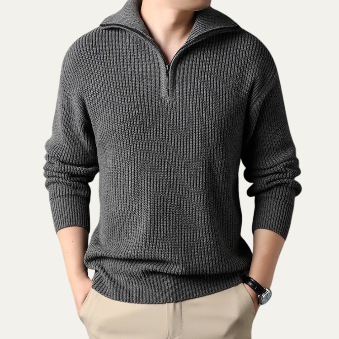 Mens Ribbed Quarter-Zip Sweater Turn-Down Collar