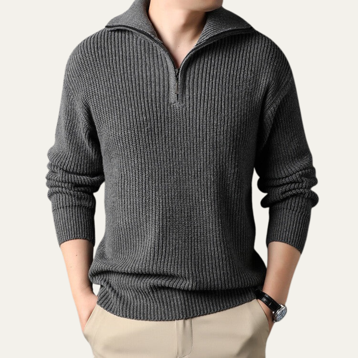 Mens Ribbed Quarter-Zip Sweater Turn-Down Collar