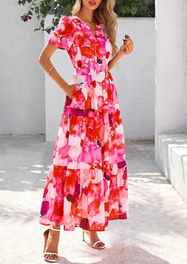 Womens Maxi Dress Floral Boho V-Neck Short Sleeve Flowy A-Line