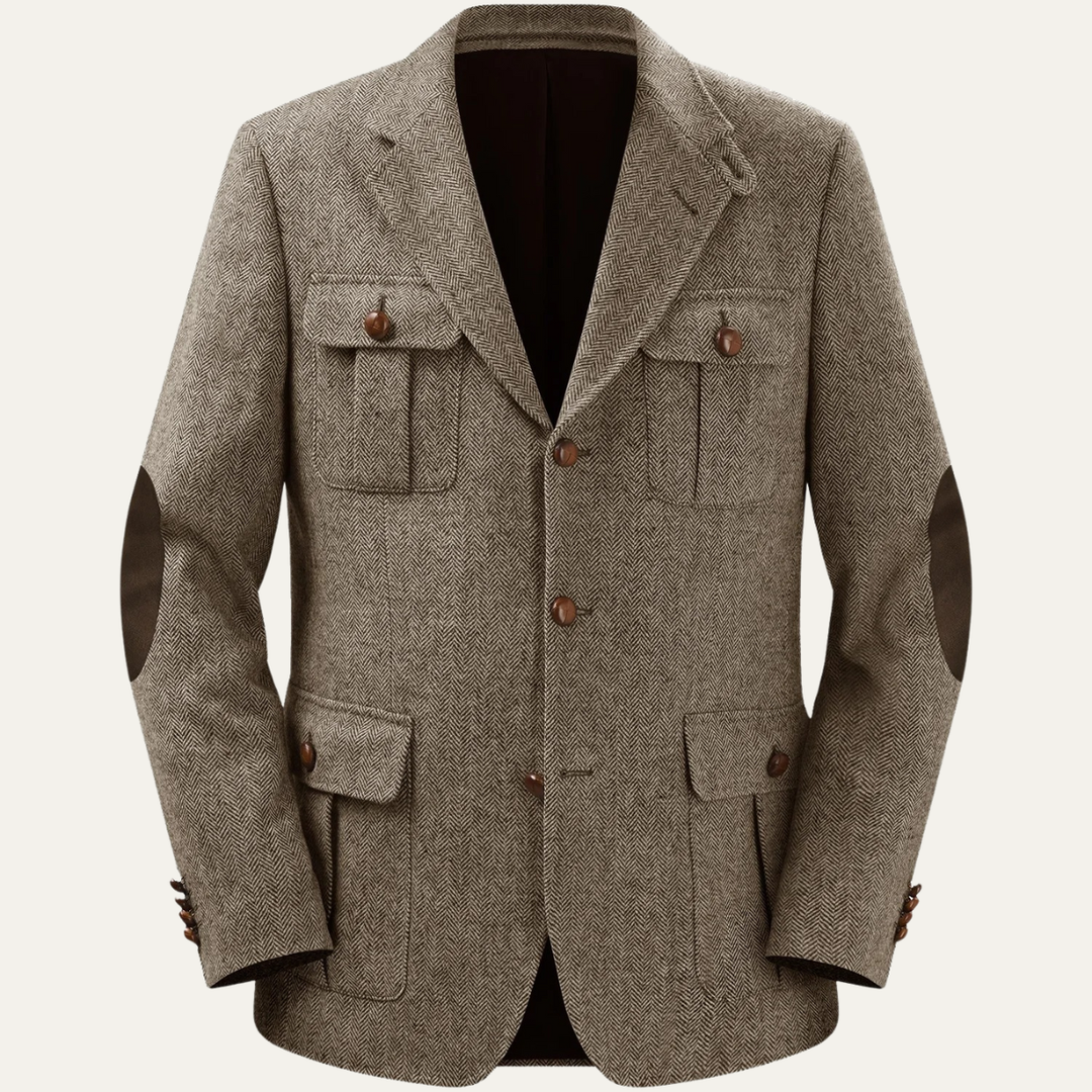 Mens Wool Blend Tweed Blazer Herringbone Pattern Classic Fit
