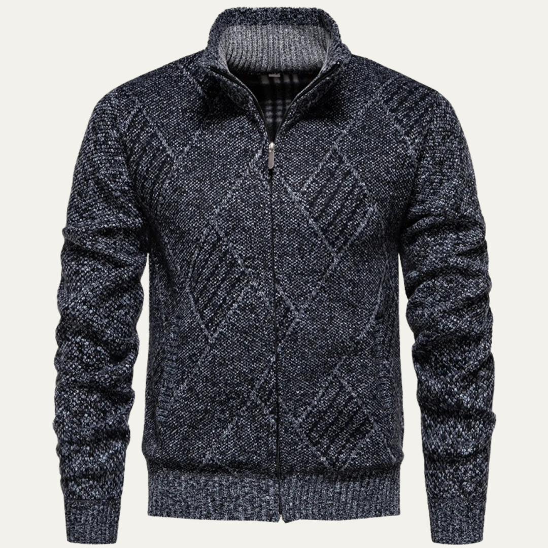Mens Knit Fleece Zip Cardigan Diamond Pattern