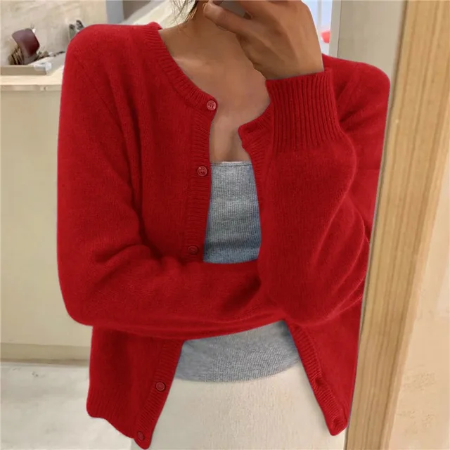 Womens Knit Cardigan Soft Fabric Round Neck Long Sleeve