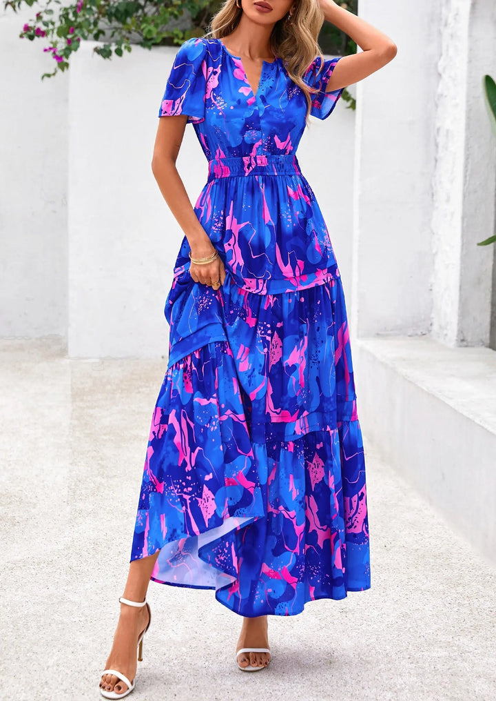 Womens Maxi Dress Floral Boho V-Neck Short Sleeve Flowy A-Line