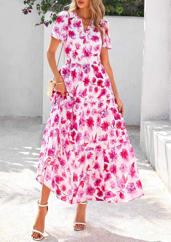 Womens Maxi Dress Floral Boho V-Neck Short Sleeve Flowy A-Line
