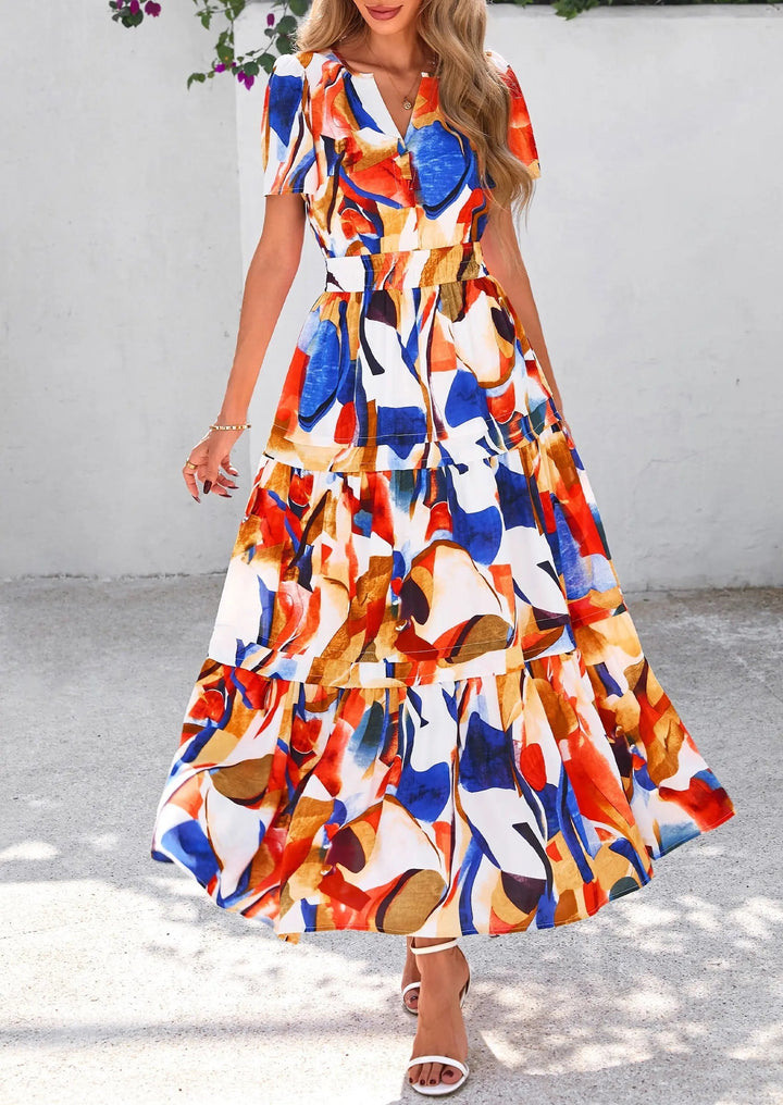 Womens Maxi Dress Floral Boho V-Neck Short Sleeve Flowy A-Line - BritishMode