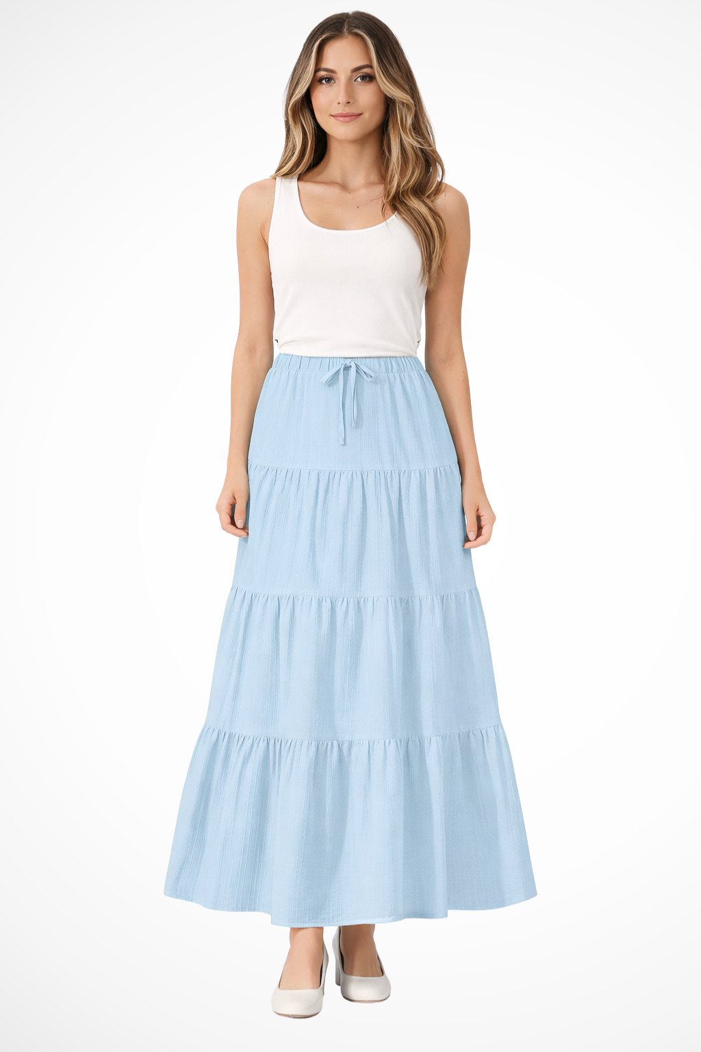 Womens Maxi Skirt Elastic Waist Drawstring Tiered Boho Style - BritishMode