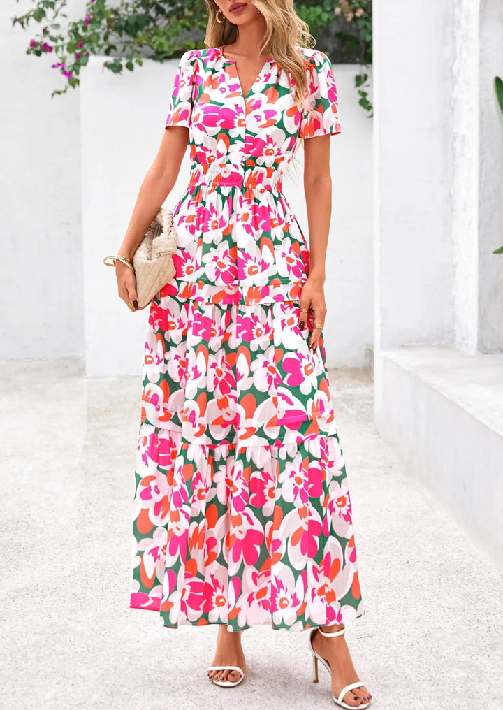 Womens Maxi Dress Floral Boho V-Neck Short Sleeve Flowy A-Line