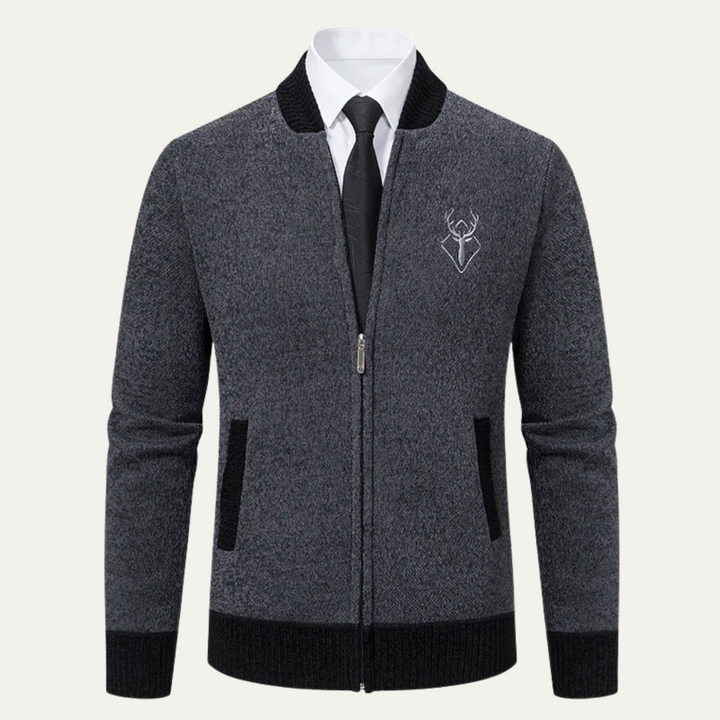 Mens Knit Zip Cardigan Embroidered Smart Fit