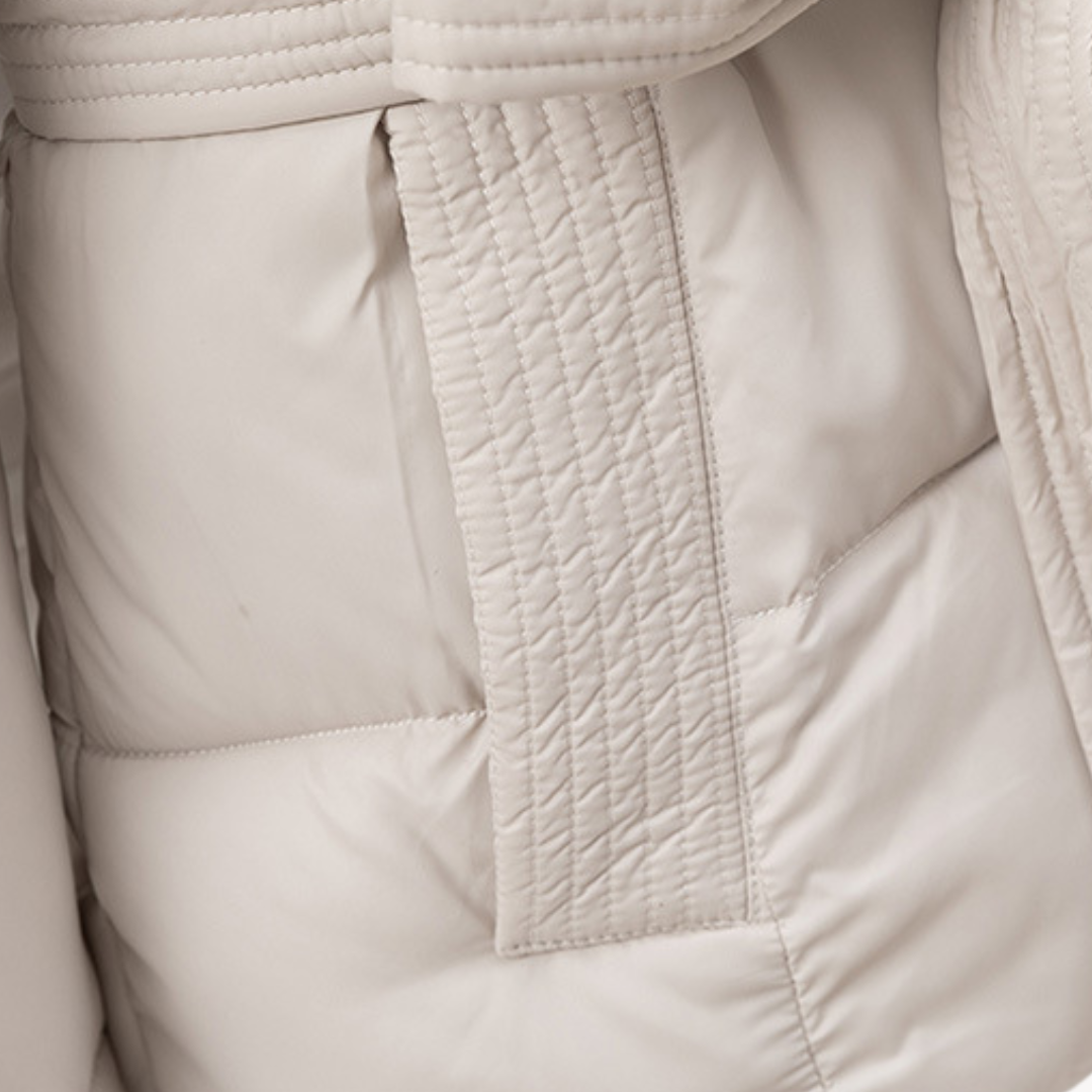 Womens Puffer Jacket with Hood and Belted Waist
