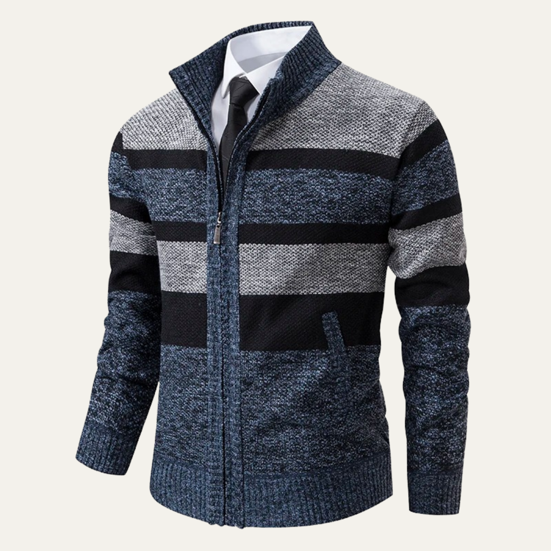 Mens Knit Zip Cardigan Striped Winter Style