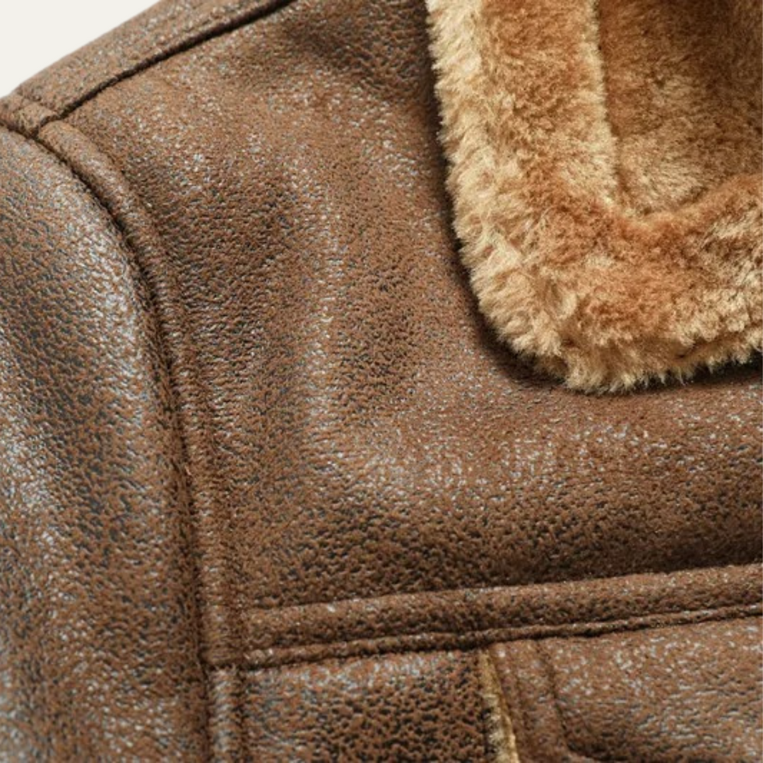 Mens Vintage Leather Jacket with Shearling Collar