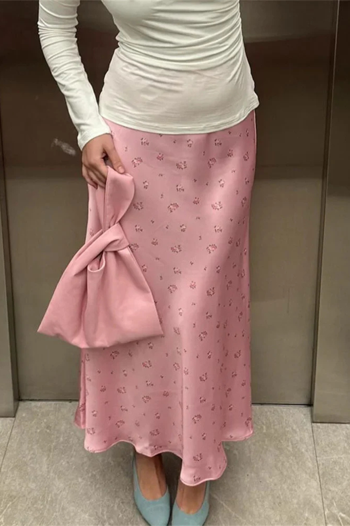 Womens Satin Maxi Skirt Floral Print Bias Cut