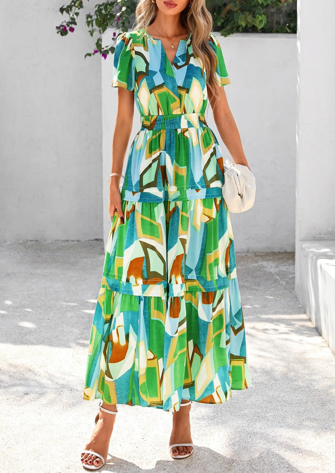 Womens Maxi Dress Floral Boho V-Neck Short Sleeve Flowy A-Line