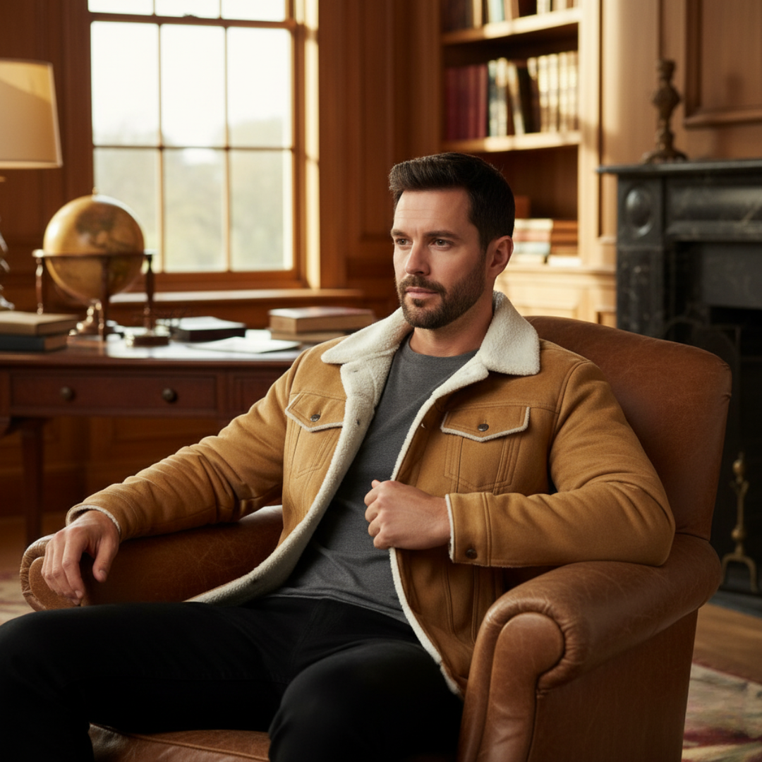 Mens Vintage Leather Jacket with Shearling Collar
