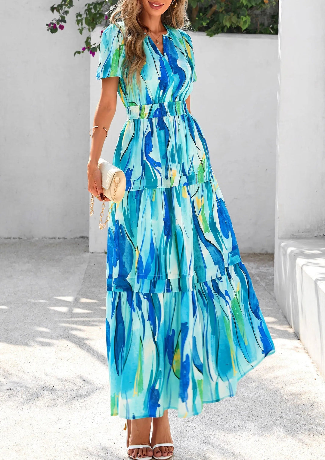 Womens Maxi Dress Floral Boho V-Neck Short Sleeve Flowy A-Line