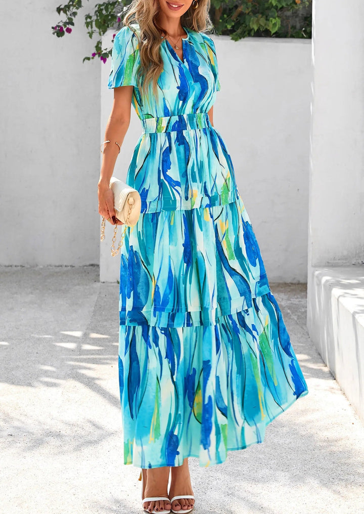 Womens Maxi Dress Floral Boho V-Neck Short Sleeve Flowy A-Line