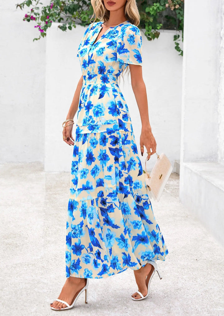 Womens Maxi Dress Floral Boho V-Neck Short Sleeve Flowy A-Line