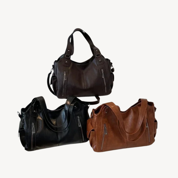 Womens Leather Tote Bag with Zippered Shoulder Strap