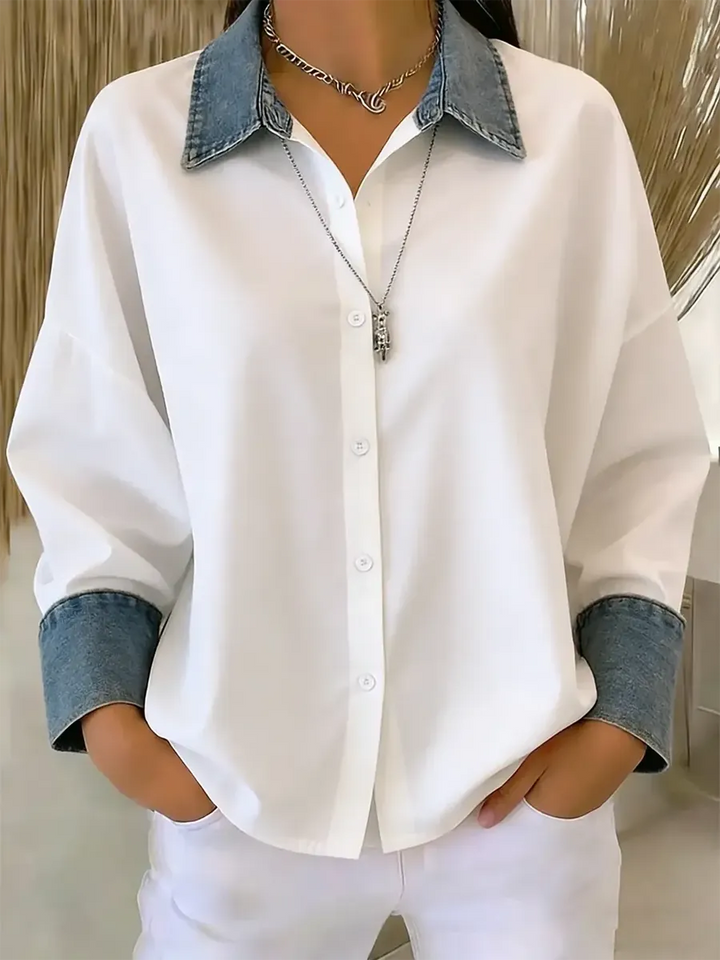 Womens Denim Shirt Long Sleeve Collared Button Down