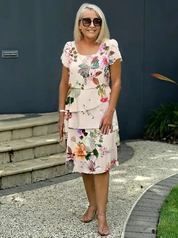 Womens Midi Dress Floral Pattern Waterfall Cut Airy Fit