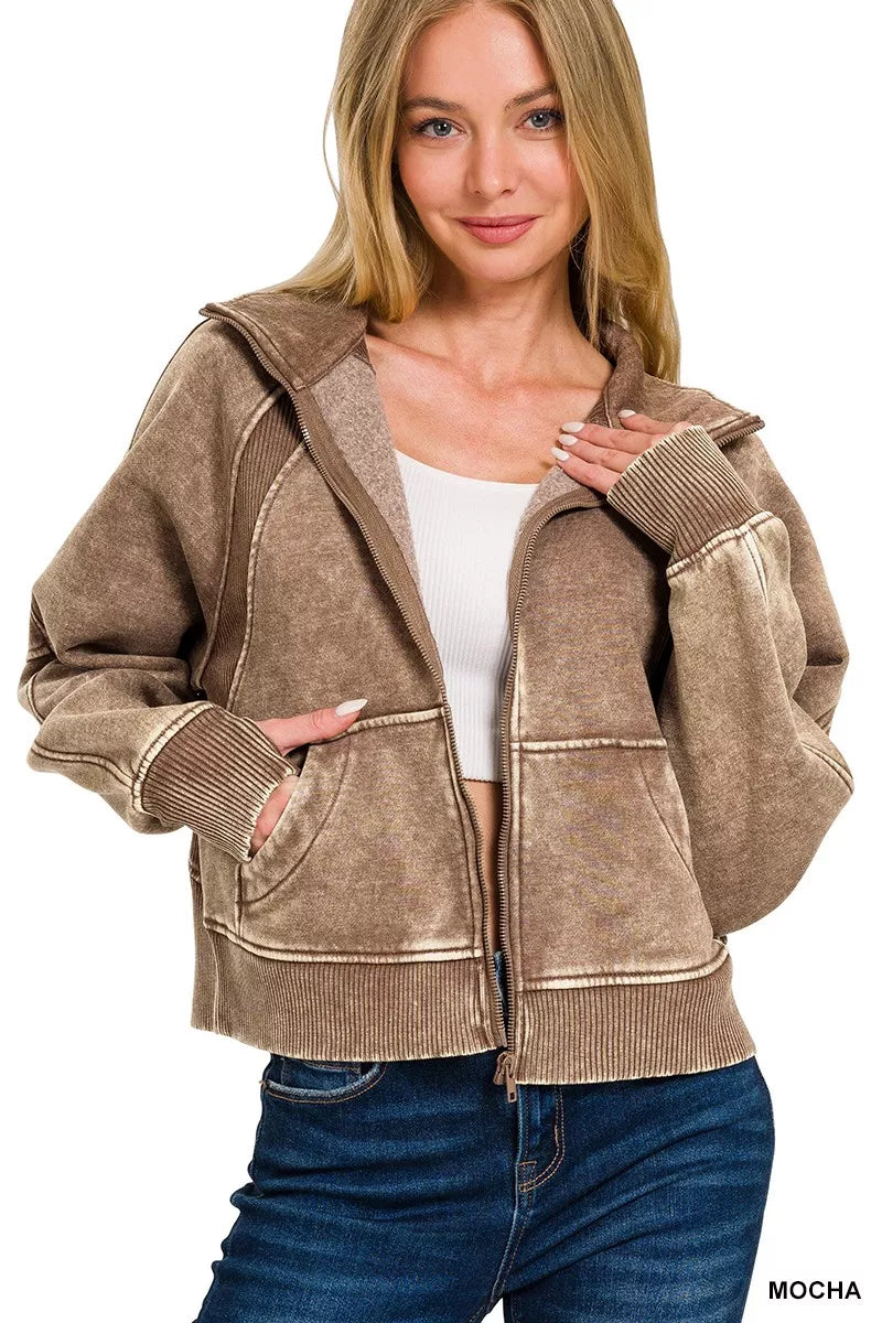 Unisex Zip-Up Fleece Coat Distressed Style - BritishMode