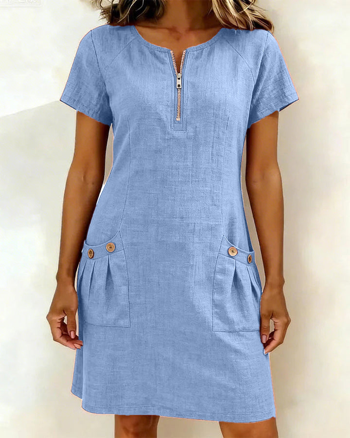 Womens Shift Dress Short Sleeve Zip Neck with Pockets