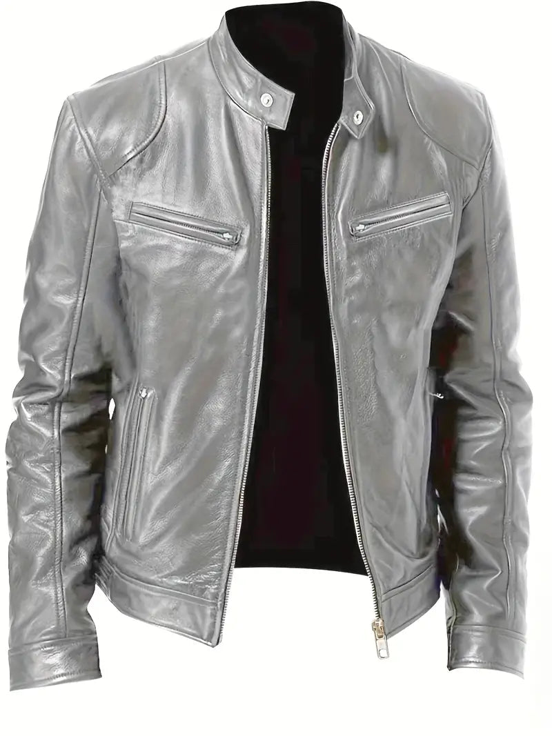 Mens Biker Jacket Synthetic Material Slim Fit