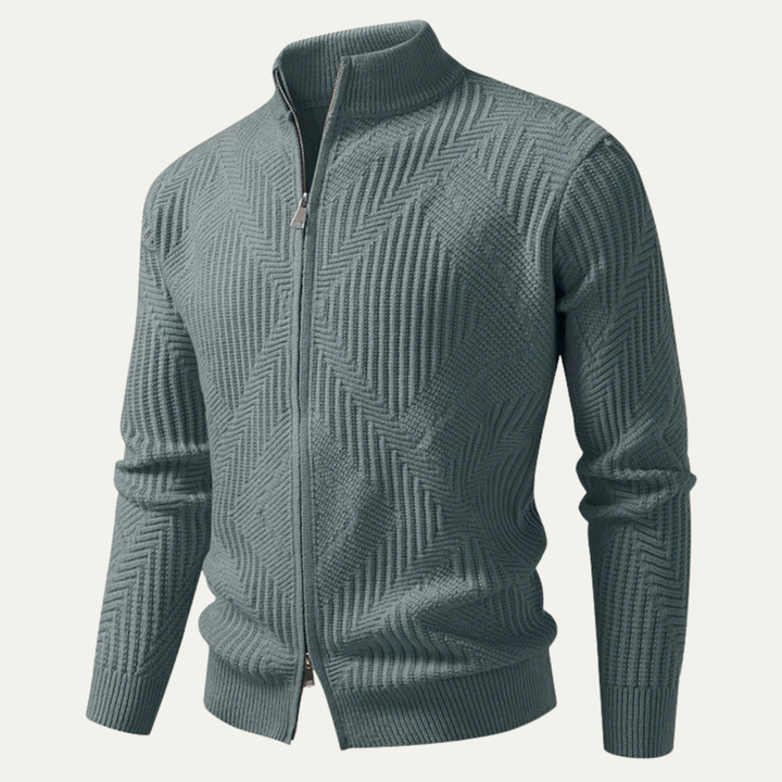 Mens Knit Cardigan with Stand Collar and Zip-Up Geometric Pattern
