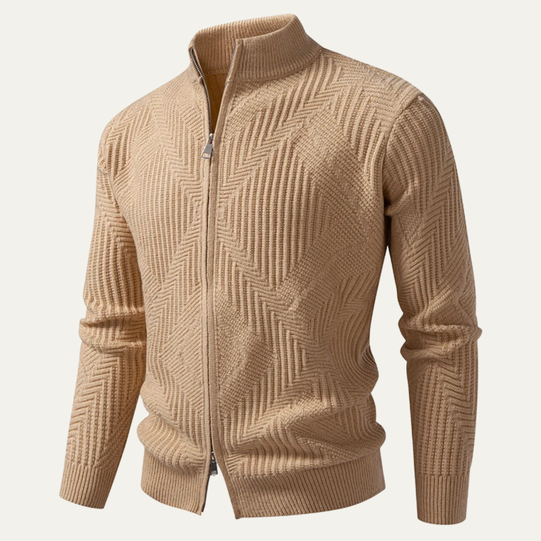 Mens Knit Cardigan with Stand Collar and Zip-Up Geometric Pattern