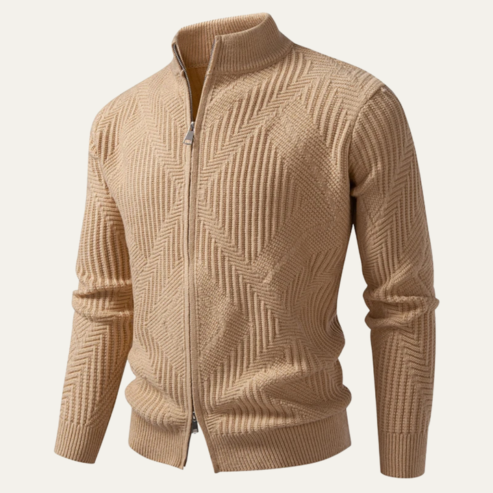 Mens Knit Cardigan with Stand Collar and Zip-Up Geometric Pattern