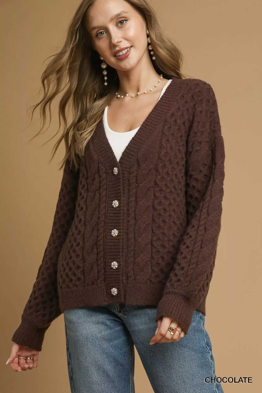 Womens Cable Knit Sweater Soft Fabric Button Front - BritishMode