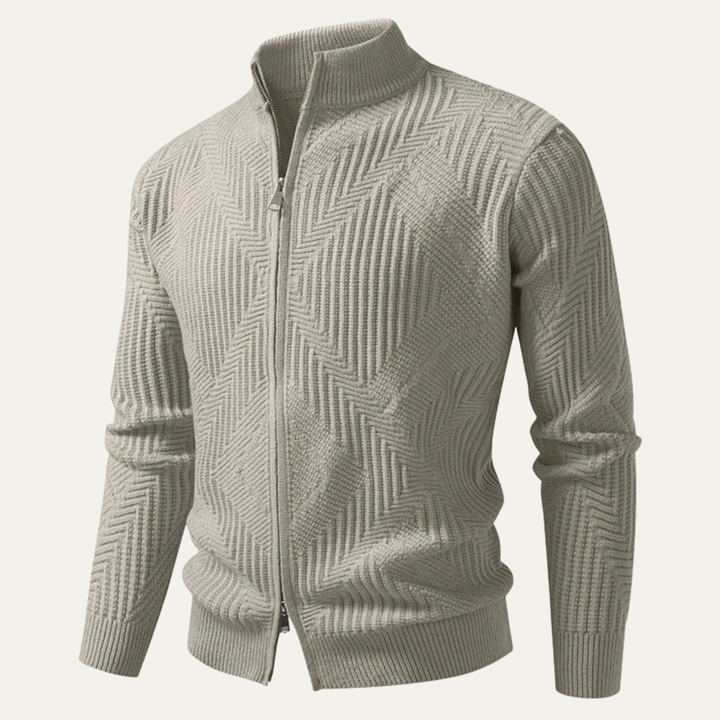 Mens Knit Cardigan with Stand Collar and Zip-Up Geometric Pattern