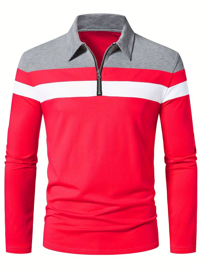 Mens Long Sleeve Polo Shirt Zip-Up Collar