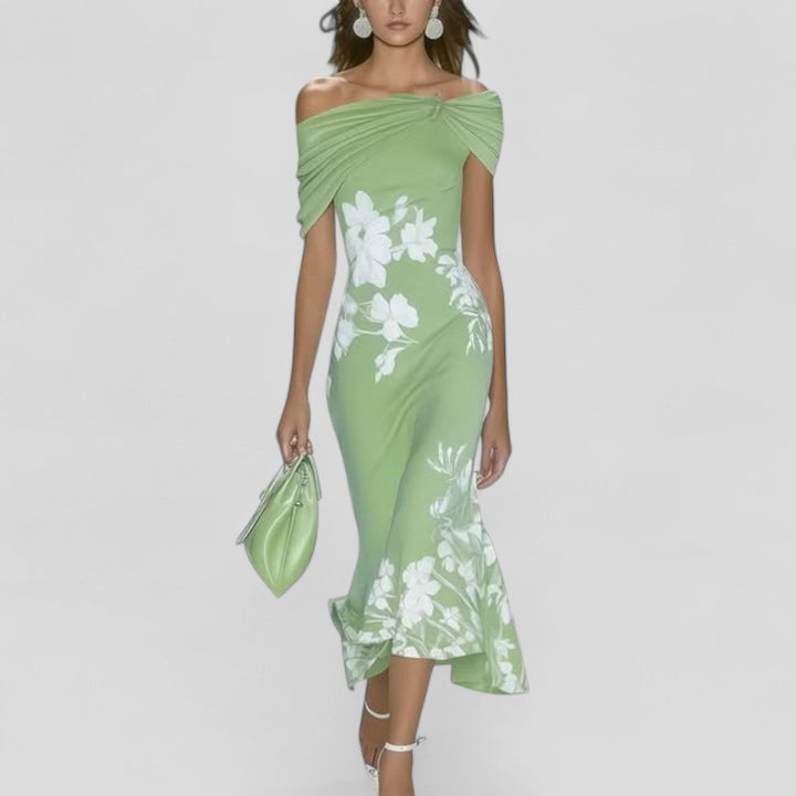 Womens Off Shoulder Midi Dress Floral Pattern Ruffle Hem - BritishMode