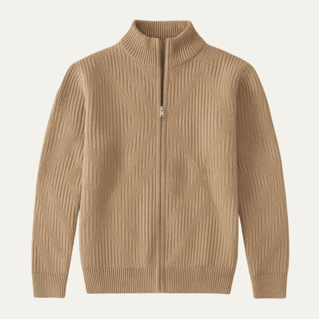 Mens Knit Cardigan with Stand Collar and Zip-Up Geometric Pattern - BritishMode