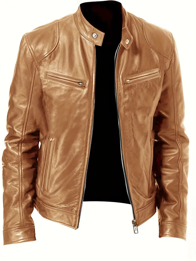 Mens Biker Jacket Synthetic Material Slim Fit