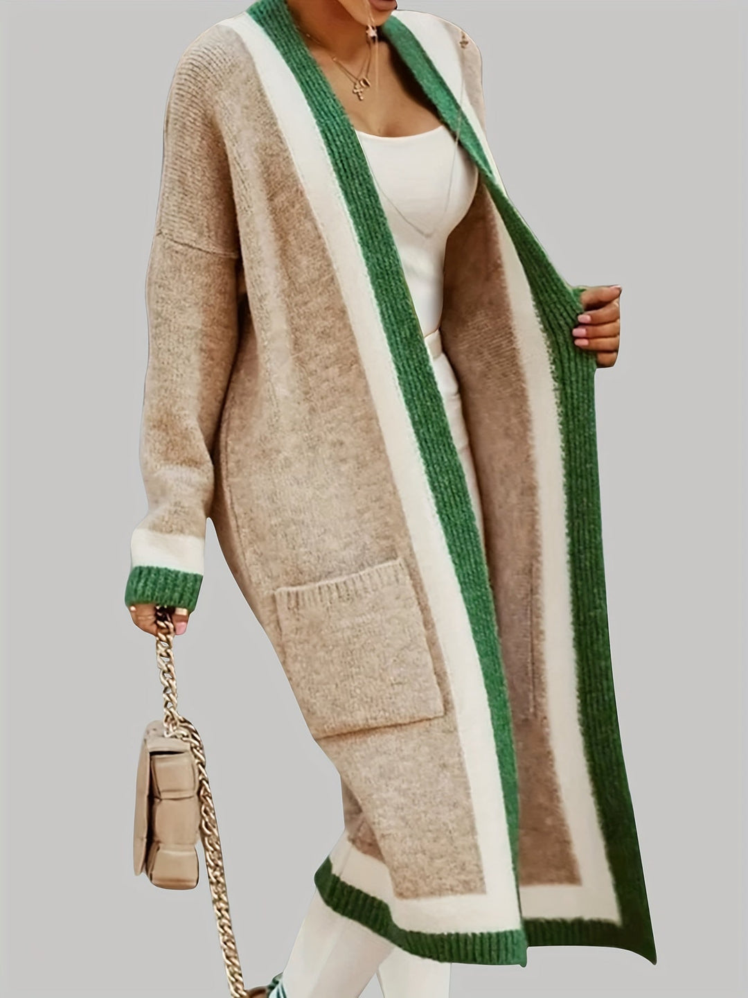 Womens Long Cardigan Vintage Style with Accent Details - BritishMode