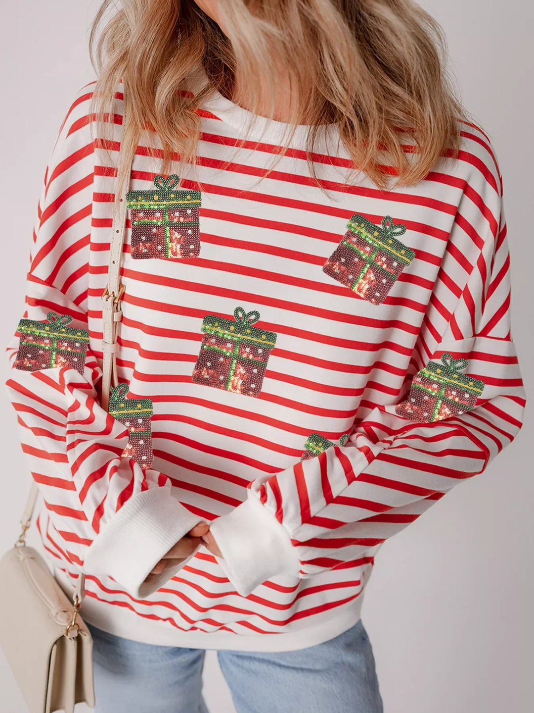 Womens Crew Neck Sweater with Glitter Holiday Style