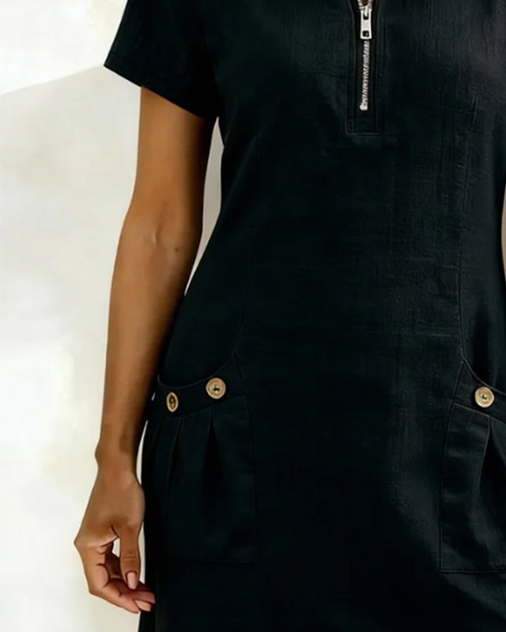 Womens Shift Dress Short Sleeve Zip Neck with Pockets