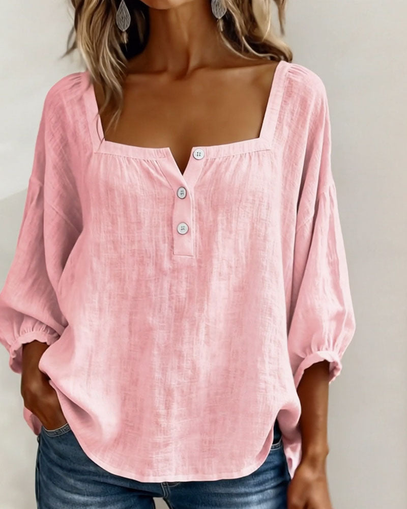 Womens Blouse Square Neck Puff Sleeve Button Front