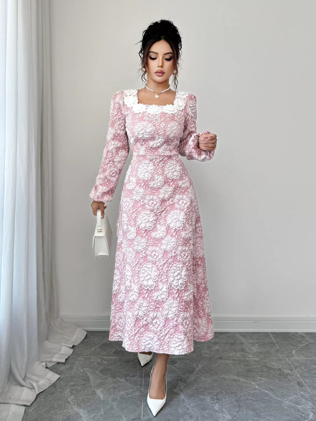 Womens Embroidered Midi Dress with Round Neck