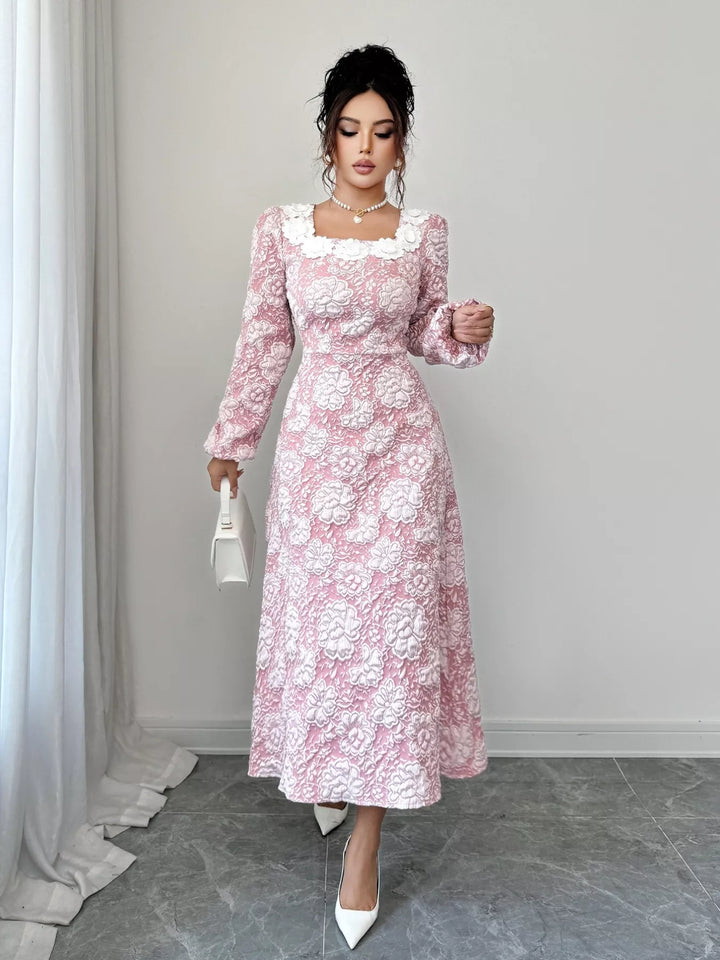 Womens Embroidered Midi Dress with Round Neck