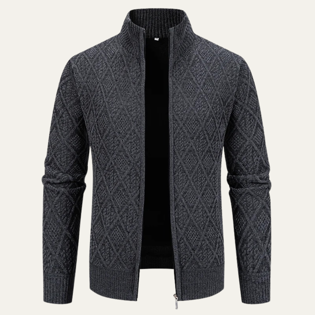 Mens Knit Zip Jacket with Diamond Pattern Stand Collar