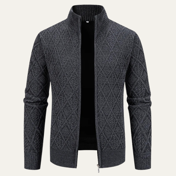 Mens Knit Zip Jacket with Diamond Pattern Stand Collar