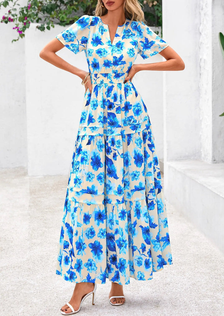Womens Maxi Dress Floral Boho V-Neck Short Sleeve Flowy A-Line